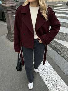Buzzelle 女士春季穿搭，纯色长袖双排扣休闲轻薄外套，时尚别致，配有腰带，适合外出与朋友聚会，可作为送给朋友、妻子、女友的礼物，宽肩短款外套，女士度假穿搭，女士春季穿搭，超薄上衣 - 酒紅色 - 查看 2