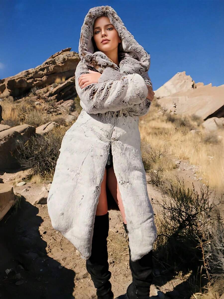 FHILLINUO 1pc Ombre Fluffy Pocket Women Fluffy Coat, Suitable For Holiday, Daily, Travel, Tea Party, Airport, Autumn/Winter, Personalized Elegant Elegant Hooded Mid-Length Artificial Fur Coat - Multicolor - View 1