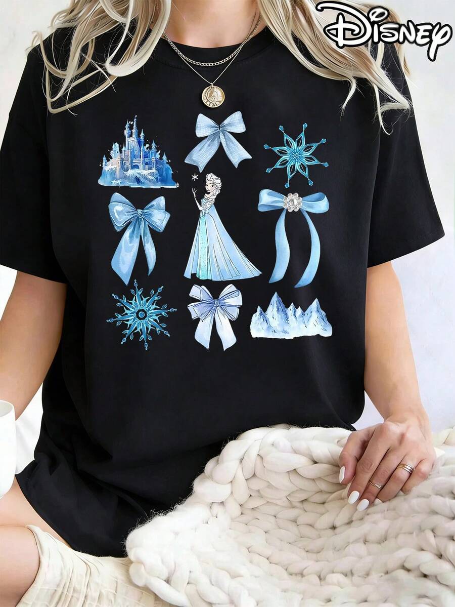 Disney Women's Casual Cotton Short Sleeve Round Neck T-Shirt With Elsa And Frozen Design Print - 黑色 - 查看 1