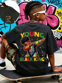 Tween Boy Casual Funny Print Crew Neck Short Sleeve T-Shirt, Summer Top - Dark Grey - View 1