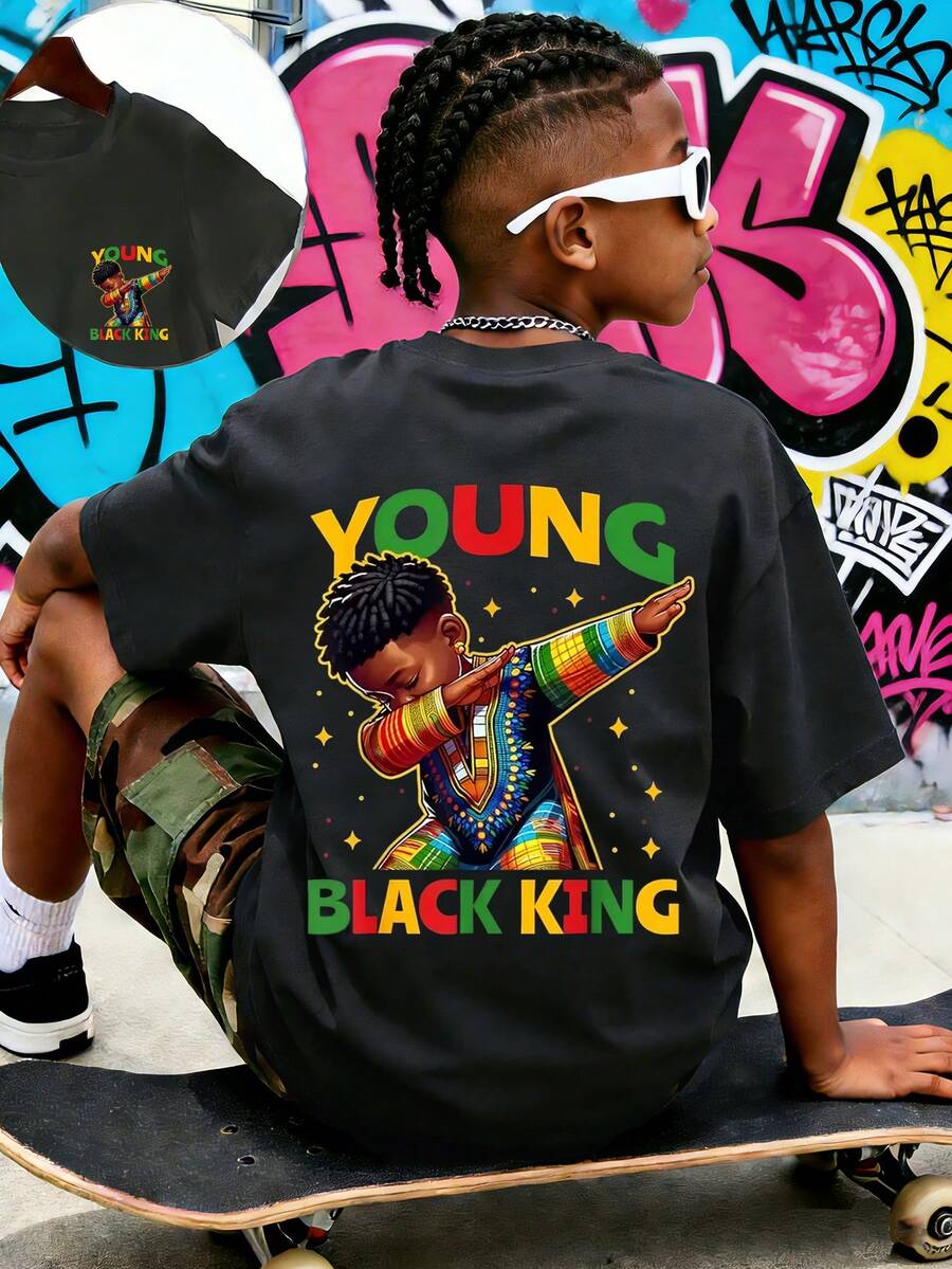 Tween Boy Casual Funny Print Crew Neck Short Sleeve T-Shirt, Summer Top - Dark Grey - View 1