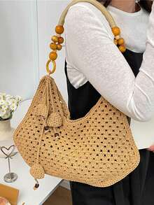 Handmade Open Work Crochet Tote Bag Boho Beech Bag With Wooden Bead Strap Gift For Her - Khaki - View 5