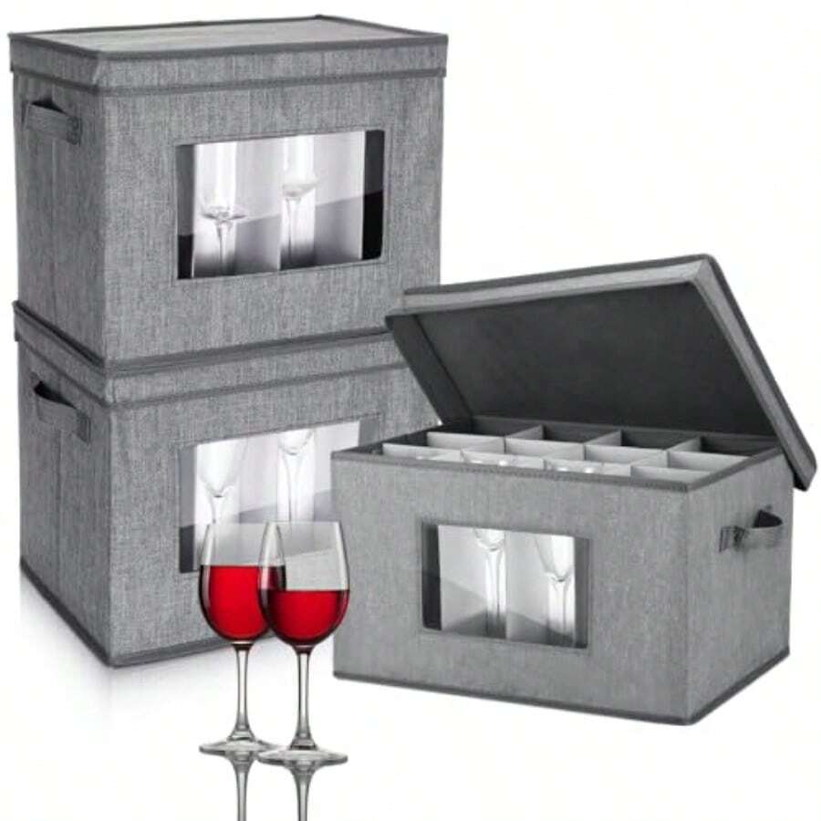 Norme - Paquete de 3 cajas de almacenamiento para copas de vino con divisores 12 compartimentos caja de almacenamiento de vajilla de champaña con mango de tapa ventana organizador de contenedores - Gris - Ver 1