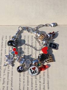 1 chiếc vòng tay mặt dây chuyền hình quả anh đào đỏ dễ thương, vòng tay họa tiết da báo hình ngôi sao dành cho nữ, vòng tay màu đen hình quả bóng số 8, vòng tay hình thánh giá và ngôi sao, vòng tay phong cách nhạc Punk dành cho lễ hội âm nhạc. - Bạc - Xem 8