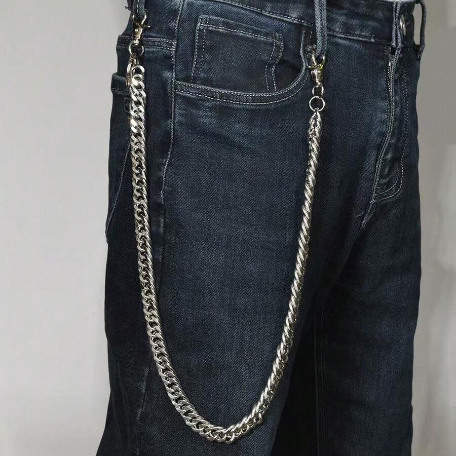 1 pieza Cadena de metal de estilo minimalista y punk para hombres, accesorio de cadena de pantalones de estilo hip hop, decoración de cintura con cadena gruesa - cadena simple de plata - Ver 1