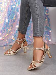 女士夏季新款镂空高跟露趾凉鞋，适合派对、婚礼等场合 - 金色 - 查看 3