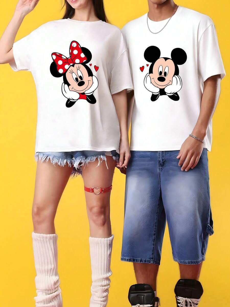 [Sold Separately For Men And Women] Disney Mickey And Minnie Mouse Face-Resting Couple T-Shirts: Women's Version Features A Polka Dot Minnie Mouse With A Bow, While The Men's Version Boasts An Adorable Mickey Mouse Design. Both Styles Feature Sweet H - Men's White - View 1