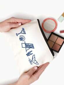 定制海岸风化妆包 - 可个性化定制“海岸最后的祝酒”图案，可重复使用，饰有眼镜和贝壳图案，轻便，手工绘制风格，轻巧便携，化妆品和洗漱用品收纳包 - 彩色 - 查看 4