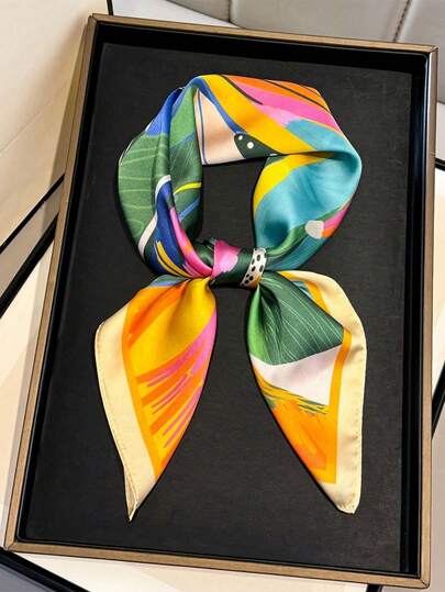 1 pieza Nuevo pañuelo cuadrado pequeño de seda sintética elegante con estampado botánico fresco, versátil para actividades al aire libre, citas, baile callejero, viajes, sesiones de fotos