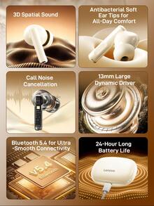 Lenovo TA210 True Wireless Bluetooth Earbuds, Active Noise Cancellation, 13mm Large Driver Unit For Deep Bass, Bluetooth 5.3, Up To 30 Hours Playtime, IPX4 Waterproof, Built-In Microphone - Black/White - Cherry Blossom White - View 5