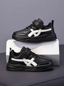 男童黑色休闲运动鞋，白色点缀，魔术贴搭扣，防滑PU皮革学生鞋 - 黑色 - 查看 2