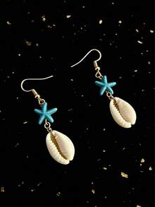1 Pair Women's Fresh Ocean Style Blue Starfish & White Acrylic Shell Dangle Earrings, Summer Beach Vibe, Suitable For Daily Wear, Fashion Parties - Blue + White - View 4