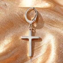 Khuyên tai hình chữ thập unisex, phong cách tối giản sang trọng, đa năng, phù hợp đeo hàng ngày. - Bạc - Xem 10