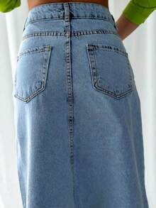 Asymmetric Hem Loose Pockets Patchwork Frayed Hem Casual Denim Midi Skirt Spring - Light Wash - View 7