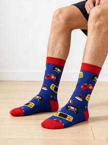 1 双男士蓝红撞色电子游戏图案中筒袜，四季皆宜。 - 彩色 - 查看 2