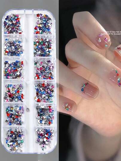 12颗/套 美甲水钻，迷你彩色不规则形状水钻，香槟白平底美甲钻，DIY美甲饰品装饰