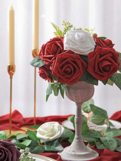 25/50pcs Faux Milky White Foam Rose Flowers With Stems, DIY Wedding Bouquet, Bridal Shower Decor, Party Table Centerpiece