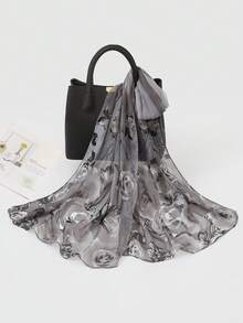 1pc Women's Printed Chiffon Lightweight Scarf, Fashionable Elegant Decorative Shawl Wrap For Travel, Photo Shoot - Grey - View 1