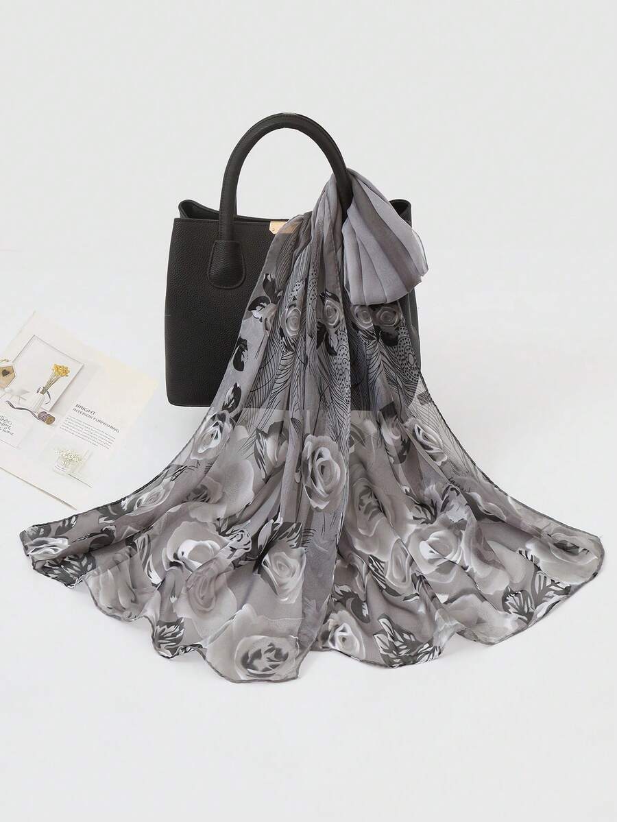 1pc Women's Printed Chiffon Lightweight Scarf, Fashionable Elegant Decorative Shawl Wrap For Travel, Photo Shoot - Grey - View 1