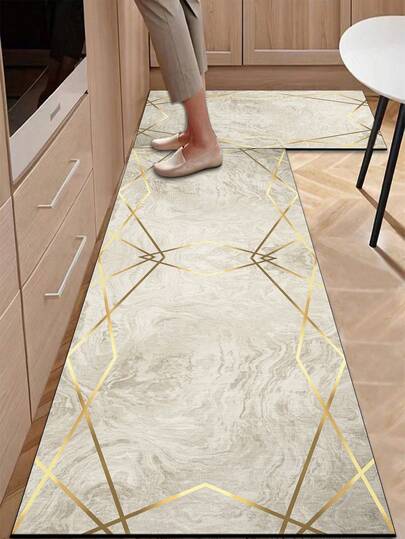 3.5mm Thick Soft Rubber Kitchen Mat, Modern Luxurious Warm-Colored Gold Line Style Kitchen Absorbent Rug, Can Be Self-Cut To Fit Kitchen Size, Surface Fabric Material, Middle Sponge Layer, Bottom Rubber Layer, Suitable For Kitchen Rugs, Kitchen Decor, Wedding Decor, Home Decor, Bathroom Mat, Doormat, Laundry Room Mat, Hallway Carpet, Living Room Mat, Etc.