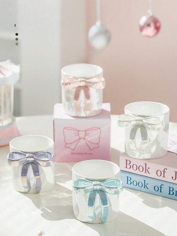 1pc Dreamy Pearlescent Bow Ceramic Mug, Cute Style Coffee Cup, High-Quality Afternoon Tea Gift, Drinking Water Cup, Breakfast Cup, Milk Coffee Cup, Tea Cup, Ceramic Mug