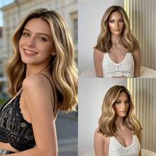 13x4 Lace Front Wig, Gradient Brown To Golden Wavy Synthetic Hair, Seamless Hairline, Pre-Plucked - Multicolor - View 3