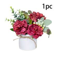 1pc Artificial Burgundy Peony Hydrangea Potted Plant - Vintage DIY Decor | Approx. 8.6 Inches Incl. Jute Rope & White Pot | Perfect For Living Room, Dining Room, Entryway, Study, Office Decor, Maintenance-Free With Long-Lasting Fresh Feel, Versatile For Daily And Holiday Decoration - Merah - View 8