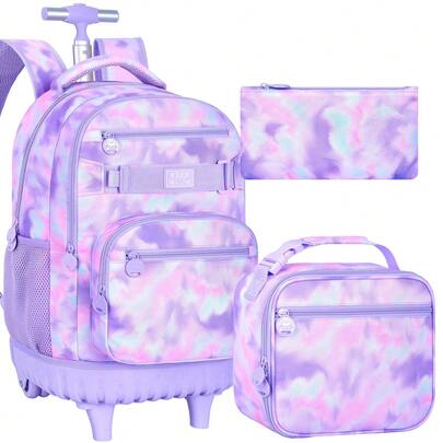 Set de 3 piezas de mochila con ruedas decorada con teñido anudado, de poliéster, con cierre de cremallera, que incluye bolsa de almuerzo y estuche para lápices para la escuela y salidas casuales