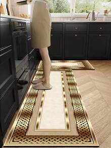 1pc Silica Gel Kitchen Floor Mat, Featuring Modern Minimalist Geometric Wave Pattern, Shallow Beige Lines Outlining Continuous S-Shaped Curves On White Background, Complemented By Fine Parallel Vertical Stripes, Presenting A Smooth Rhythmic Feel And Refreshing Elegant Visual Effect - Multicolor - View 2