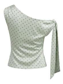 Women Tank Tops Off One Shoulder Sleeveless Dot Print Ruched Summer Crop Going Out Vest - Mint Green - View 5