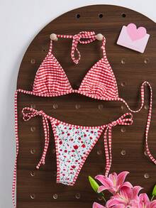 Conjunto de bikini reversible con estampado de cuadros y bloques de color floral lindo, estilo de vacaciones de playa de moda para niñas - Rojo y blanco - Ver 6