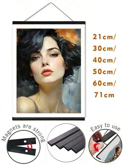 SURELIFE 1pc Black Magnetic Hanging Hook Wooden Frame, Suitable For Posters (Length 21-71cm), Photos (Size 30x40cm, 40x50cm, 40x60cm, 50x70cm), Canvas Paintings, Prints, Maps, Scrolls And Canvas Arts, For Wall Decor