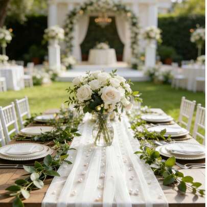 1pc Pearl Decor Table Runner With Fairy Lights, White Pearl Mesh Wedding Tablecloth, New Hollow Pearl Net Romantic Bridal Tablecloth, Dessert Table Cloth, Bohemian Style, Chiffon Fabric, Pearl Lace, Outdoor Lawn Wedding Arch Decor, Party Decor Tablecloth, Pearl Table Runner With Fairy Lights, Wedding Centerpiece Table Decor