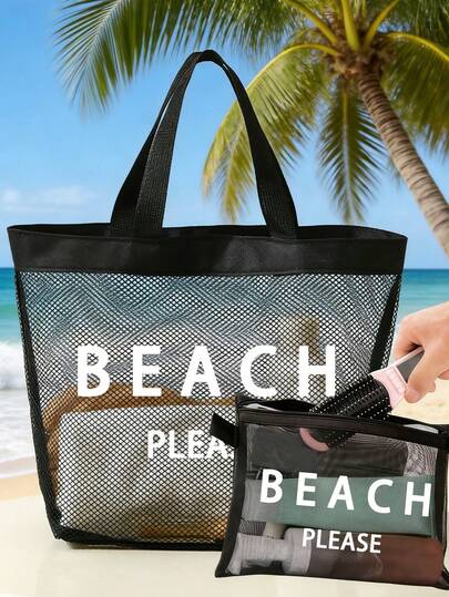Beach Please "Mesh Handbag Set, Large Capacity Mesh Beach Bag, With Portable Makeup Bag, Makeup Bag, Reusable Lightweight And Durable Fabric Shoulder Bag, Multifunctional Travel Handbag. Suitable For Daily Commuting, Travel, Vacation Parties, Camping