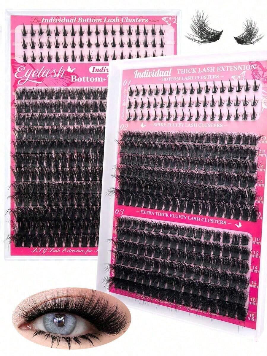 300PCS Independent Eyelash Clusters 60D/80D D Curl 10-18mm DIY Individual Eyelash Extension Kit, Ultra-Dense, Fluffy, Natural-Looking, Reusable, Suitable For Home Use, Going Out, Daily Life, Weddings, Dates, Parties, Music Festivals And Travel - 黑色 - 查看 1