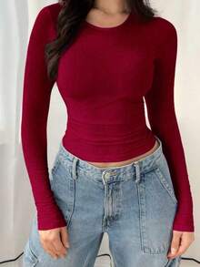 Elegant & Versatile Women's Crew Neck Long Sleeve Ruched Fitted Slim Fit T-Shirt, Suitable For Summer And Autumn/Winter Seasons Casual Spring - Burgundy - View 7
