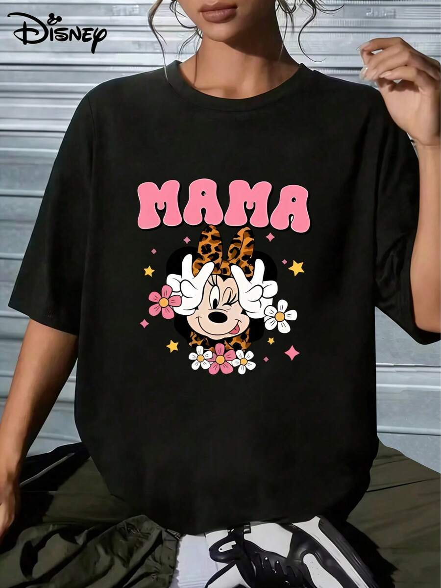Featuring A Minnie Mouse Leopard Print And Floral Design, This Warm And Versatile Gift Is Perfect For Disney Moms. Suitable For: Mother's Day Gifts And Family Keepsakes.Made From Soft, Comfortable, And Durable Pure Cotton, This Is An Ideal Choice For Spring And Summer. This Crew Neck T-Shirt Is Suitable For Various Occasions, Including Everyday Wear, Shopping, Parties, Travel, And Gatherings, And Also Makes A Thoughtful Gift. - Black - View 1