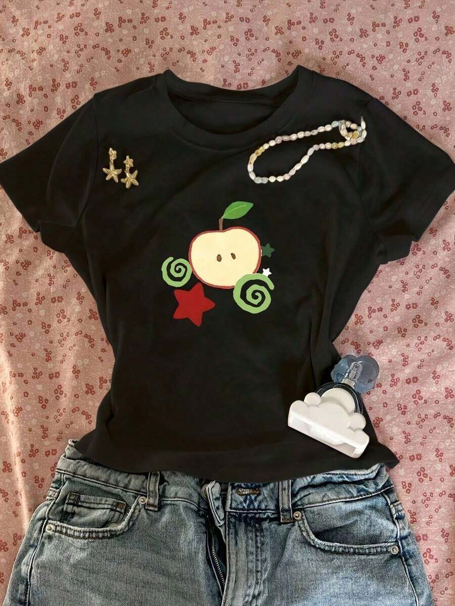 SUMMER Tops A Tight-Fitting Top, Creative Cute Apple Star Pattern Printed T-Shirt, Tight-Fitting Short-Sleeved Round Neck Casual Top, Summer And Spring, Women's Clothing Only Tops/No Bottoms L14658, Tops For Women, Vacation Outfits For WomenCasual Daily Wear,Easter Short Sleeves,Easter Outfits For Women - 黑色 - 查看 1