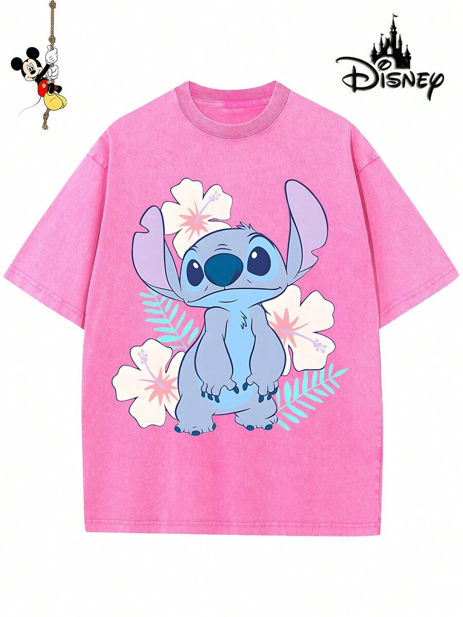 Disney-Licensed Men's Cotton T-Shirt For The 2026 Family Holiday. Featuring A Stitch Motif, Washed Crew Neck, Soft And Comfortable Feel, Easy Care And Suitable For Various Occasions Such As Holidays, Everyday Life And Commuting – Full Of Festive Spirit. - 玫紅色 - 查看 1