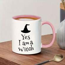 1个“我是女巫”陶瓷马克杯 - 万圣节主题女巫帽图案马克杯，黑白高对比度设计，符合人体工学的手柄 - 送给女巫、年轻人、万圣节派对和庆祝活动的完美礼物，节日饮具 | 主题陶瓷马克杯 | 黑白咖啡杯 - 粉色 - 查看 12
