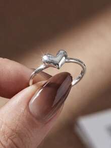 1枚简约可爱925纯银心形戒指，适合女孩日常佩戴、派对礼物、周年纪念日和情人节礼物 - 銀色 - 查看 4