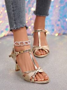 女士夏季新款镂空高跟露趾凉鞋，适合派对、婚礼等场合 - 金色 - 查看 1