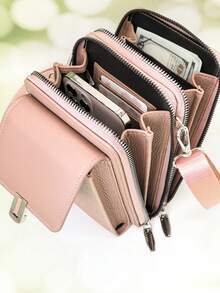 New Arrival Multi-Function Large Capacity Double-Layer Zipper Phone Wallet Crossbody Bag, Fashionable Minimalist Soft Pattern, Casual Vacation Date - Pink - View 6