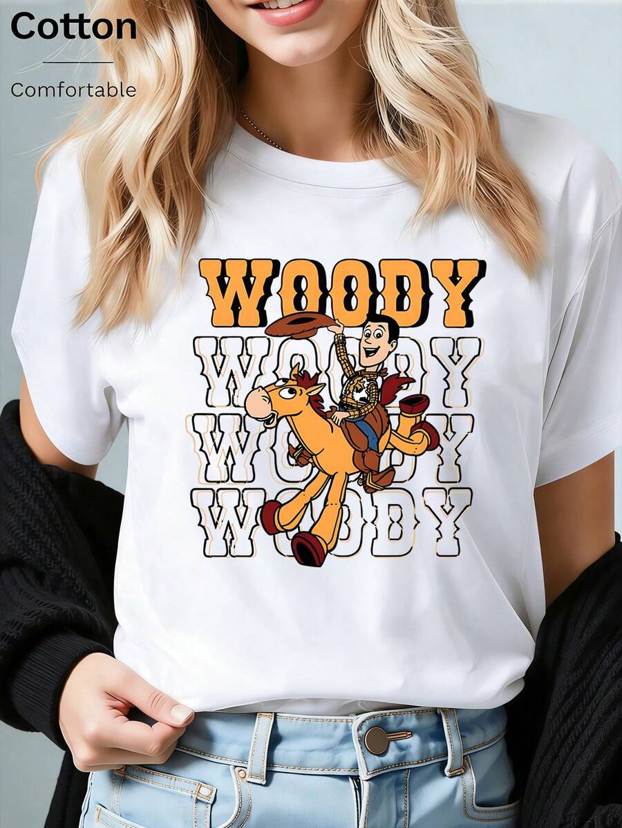 Disney Loose Version Of Toy Story Woody Riding Red Pony With Repeated Letter Print T-Shirt, Suitable For Summer And Spring, Short Sleeved Top, Women's Clothing, Holiday Gift Party Clothing. - trắng - Xem 1