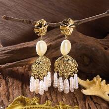 2件套几何流苏椭圆珍珠耳环，适合女士海滩度假旅行佩戴 - 彩色 - 查看 2