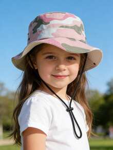 儿童迷彩速干耐用渔夫帽，1顶，可调节下巴带，防风防晒，适合露营、徒步、海滩、度假等场合。 - 1PC - 查看 3