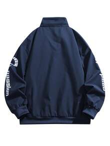 男士轻便立领字母印花街头休闲运动夹克，适合春秋季穿着，摩托车夹克，骑行夹克。 - 藏蓝色 - 查看 2