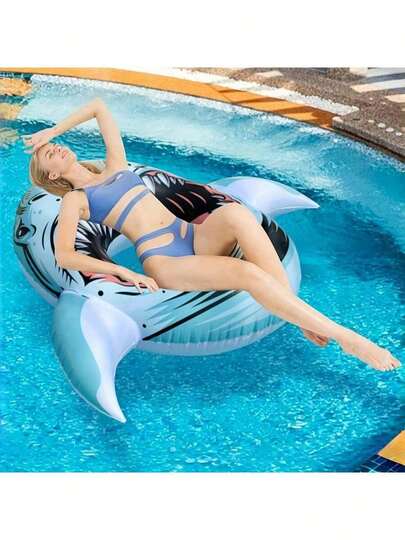 1pc Giant Inflatable Shark Pool Float (For Adults) - Blue & White With Red Accents, Durable Material, Hands-Free Swimming Safety Strap, Beach & Pool Party Fun, Outdoor Water Activity Gear, Vibrant Graphic Inflatable Swim Ring