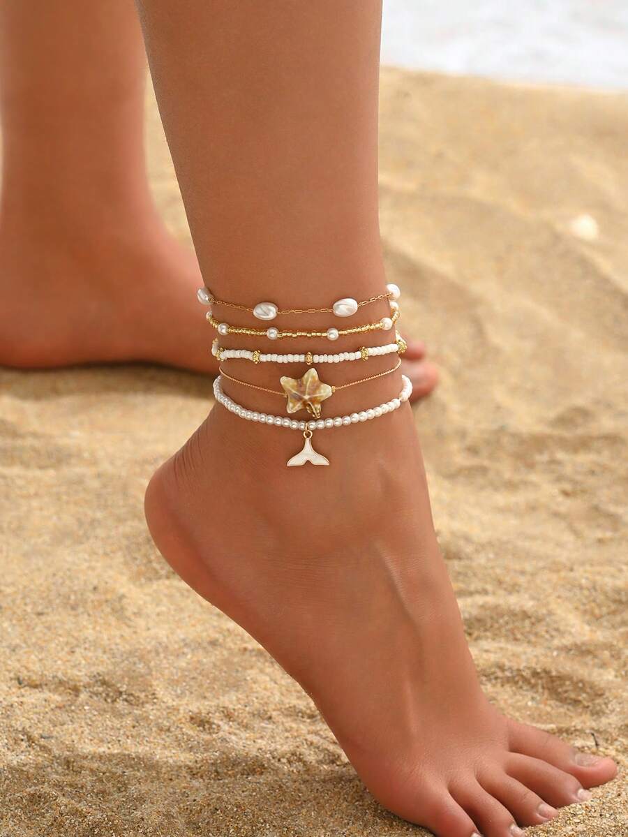 5pcs Delicate Starfish & Mermaid Tail Pendant Bead Chain Multilayer Anklet, Suitable For Teenagers And Daily/Vacation Wear, Random Bead Quantity - Multicolor - View 1