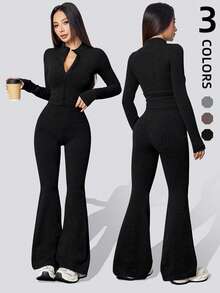 Women's Ribbed Zip-Up Crop Top & Flare Pants Set – 2-Piece Knit Loungewear For Street & Lounge - 黑色 - 查看 1